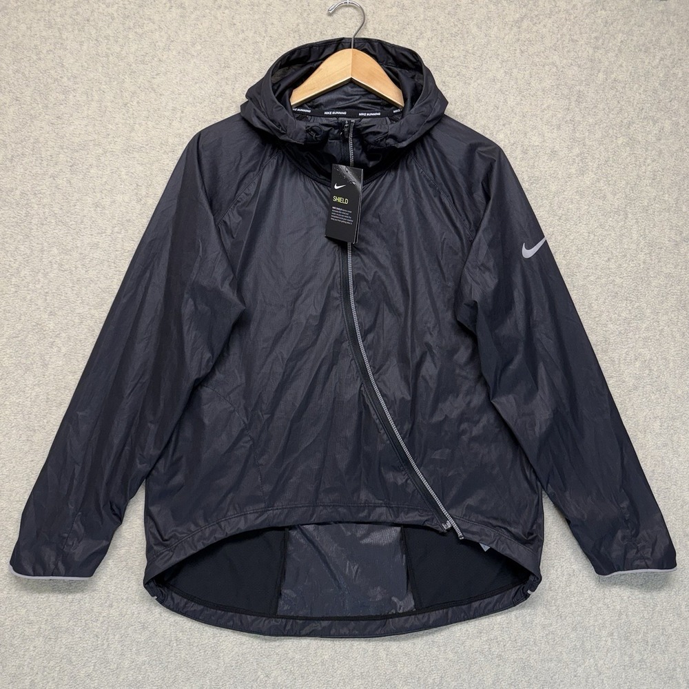 Nike Shield Running Jacket Womens Small Black Hooded Full Zip Windbreaker NWT